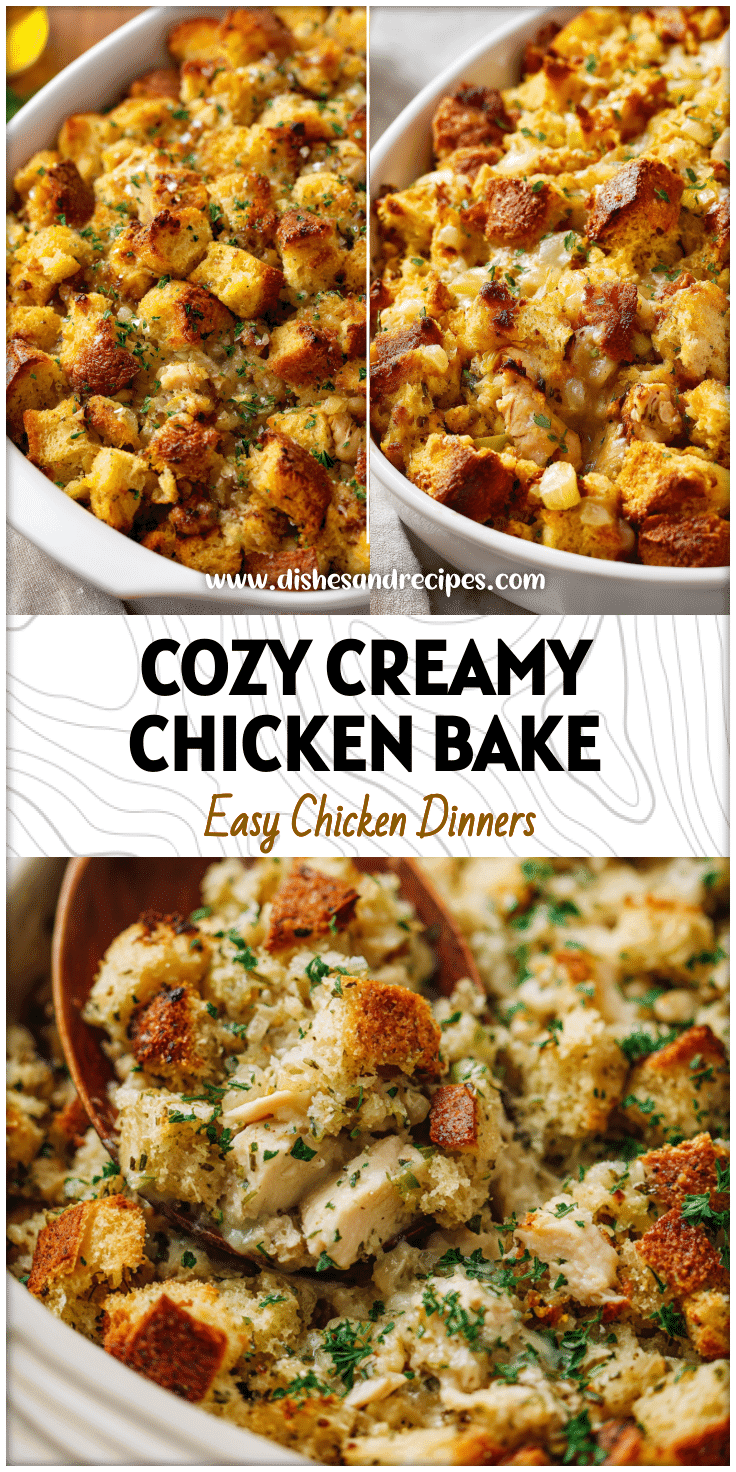 Golden baked Creamy Chicken and Stuffing Bake in a casserole dish topped with crispy stuffing and creamy sauce.